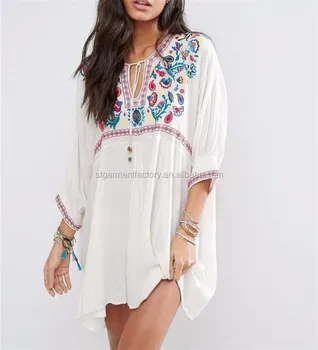 OEM women's clothing Ethnic Style Loose Embroidery Women Dress Plus Size Three Quarter Sleeve Dresses White Cotton Vintage Tops