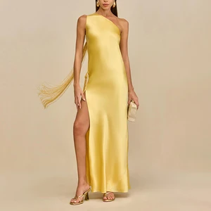 ZYHT 73998 One Shoulder Yellow Satin High Split Bodycon Sexy Hollow Out Tassel Women Evening Party Cocktail Dress