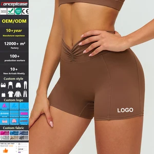Custom Fabric Style Color Logo Quick Dry Brushed Outdoor Running Workout Yoga Shorts Women High Waist Ruched Butt Lifting Pants