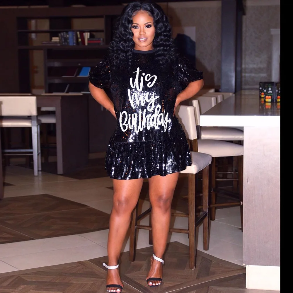 it's my birthday sequin dress wholesale It's My Birthday Black Sequin T-Shirt Dress