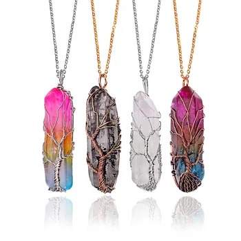 Vintage Irregular Natural Stone Crystal Pendant Necklace Women Men Wire Wrap Tree of Life Pendants Pendulum Gems Rainbow Jewelry