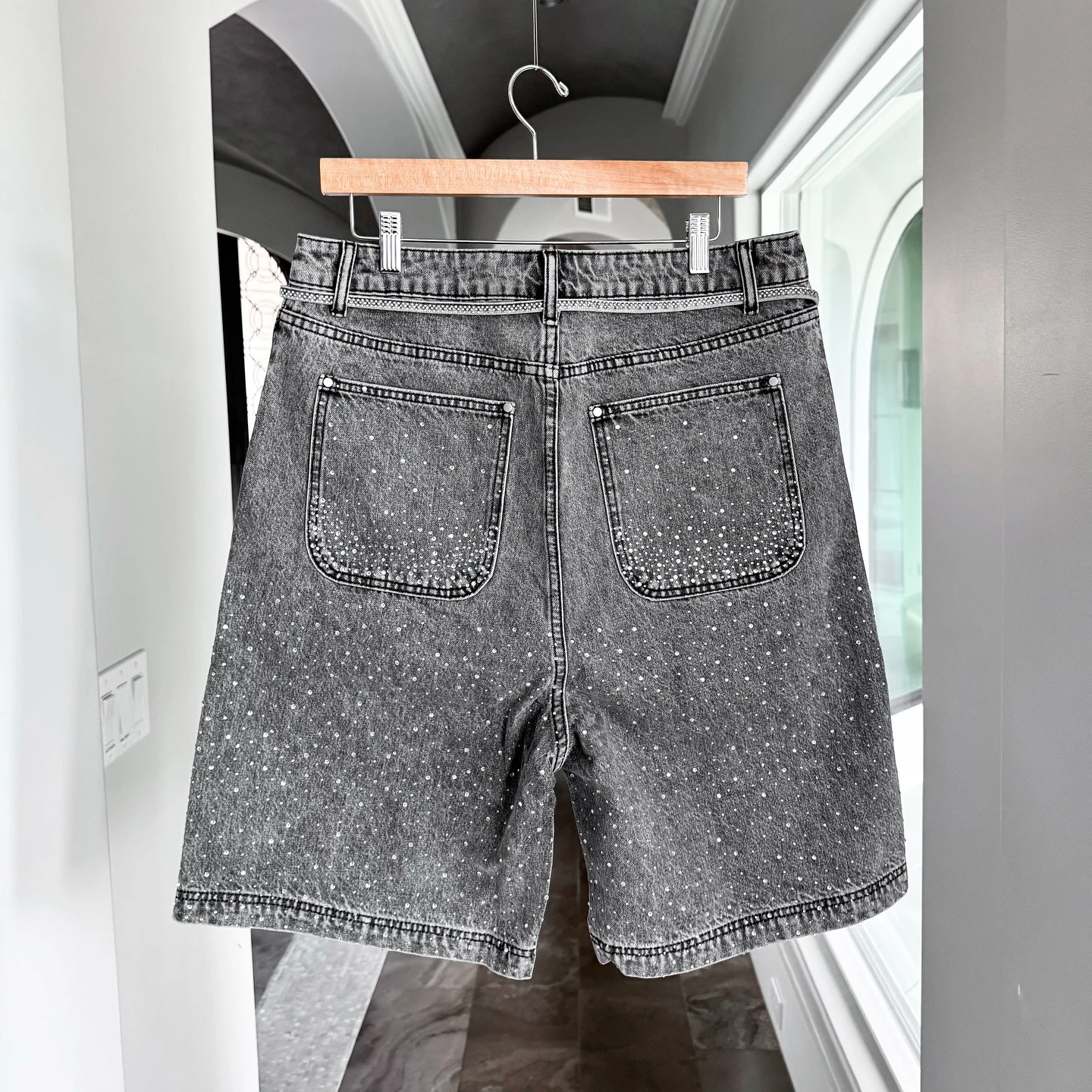 Streetwear Custom Vintage Wash All Over Printing Rhinestone Cargo Denim Shorts Jorts for Men supplier