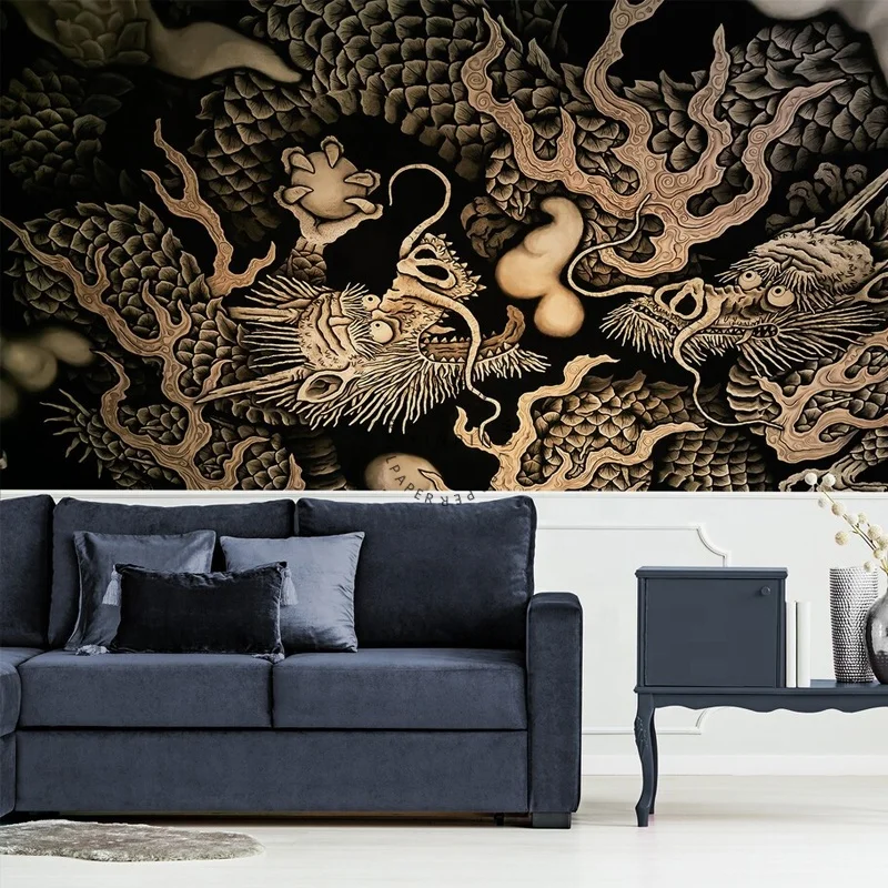 Double Dragon Mural at Inukuni Temple in Kyoto Fabric Living Room Wallpaper