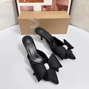 QuiteS New Women's Shoes Pearl Decorative Black Big Bow After Empty Pointed High Heels for Women Za Designer Heels Sandals