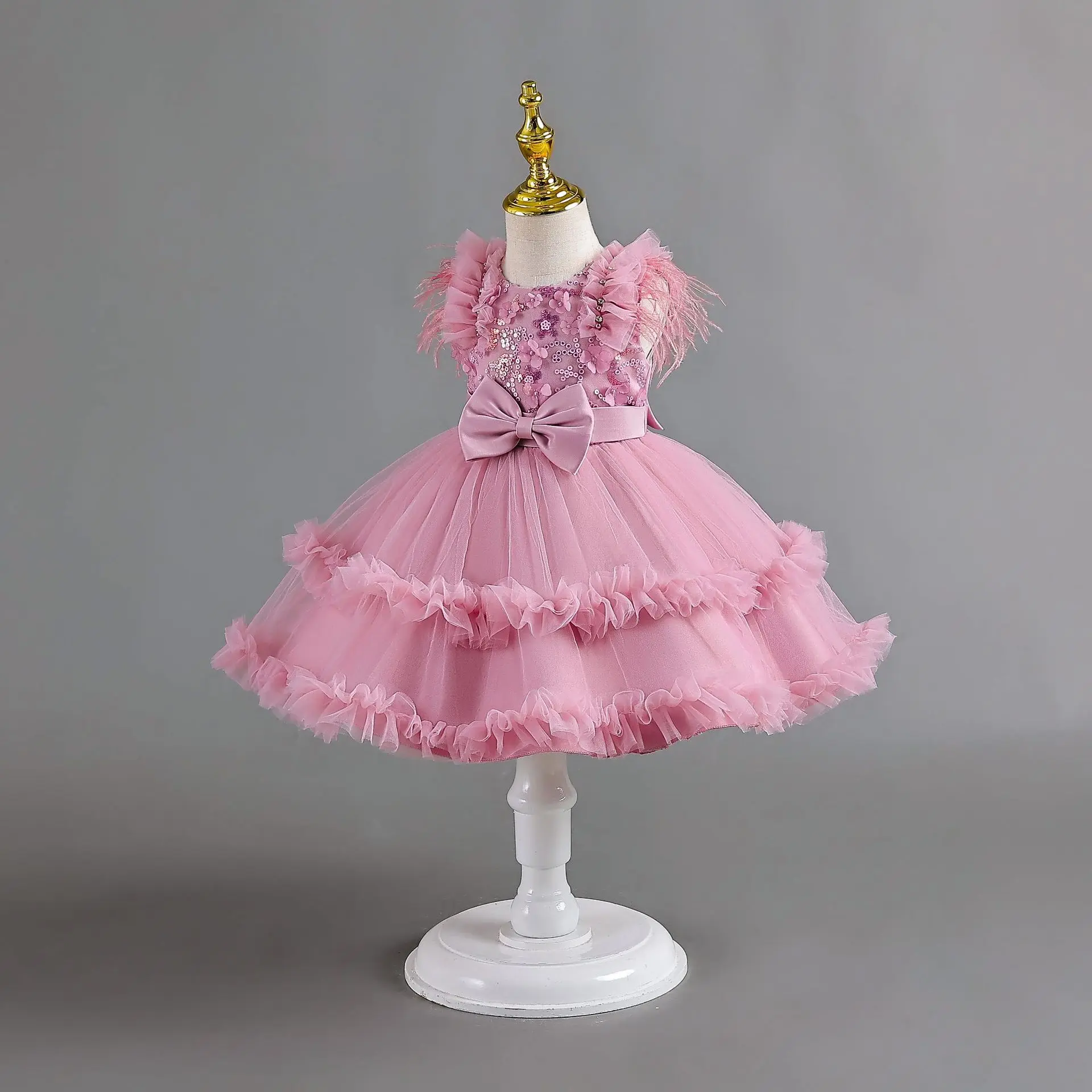 Tulle Baby Girl Party Dresses Newborn 1 Years Birthday Bowknot Evening Princess Kids Girls Flower Wedding Bridesmaid  Dresses 4