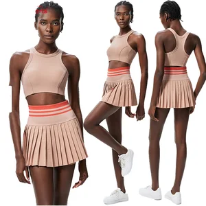 Stylish Solid Pleated Shorts with Matching Racerback Crop Top-Lightweight and Stretchy Athletic Shorts Set for Women