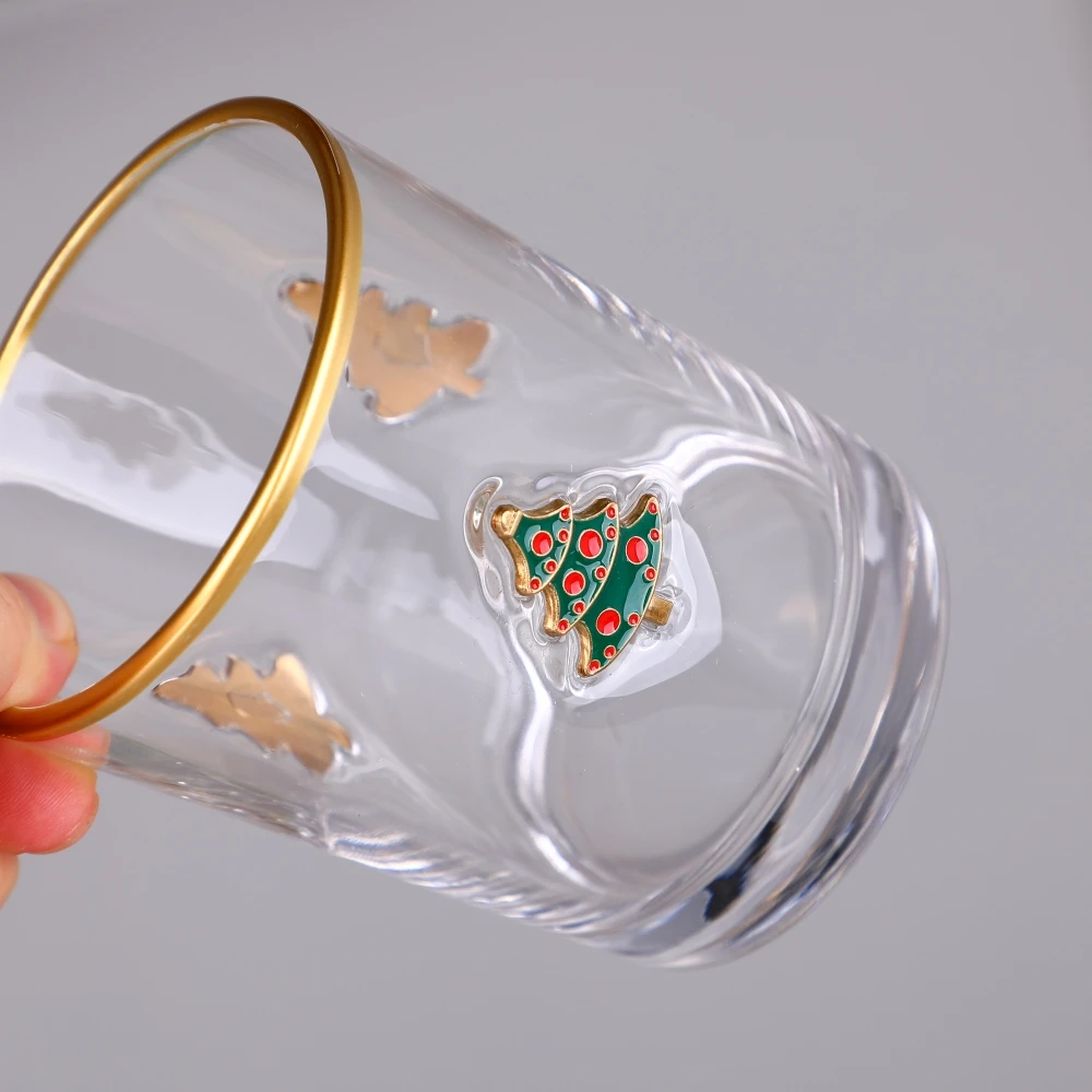 Ready to Ship Christmas Fruit Raised 3D Enamel Applique Motif Gold Rim Highball Cooler Double Old Fashioned Rocks Tumbler Glass