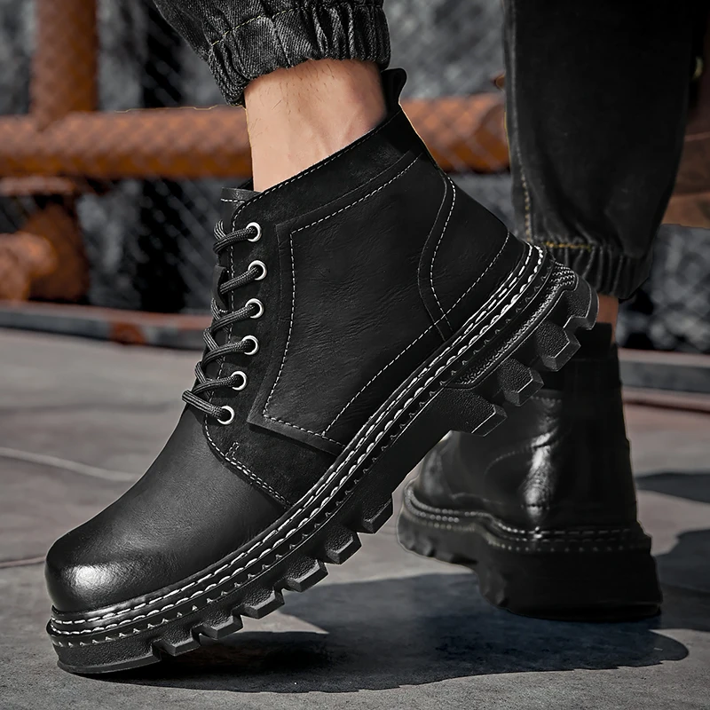 New Fashion Trendy Casual Men's British Genuine Leather High Top Soft Sole martin boots
