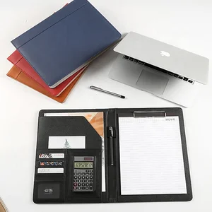 Wholesale Custom A4 Business Portfolio Folders PU Leather Custom Logo Calculator Zipper Black Ring Binder