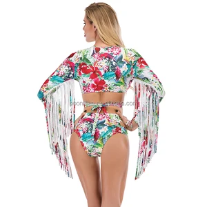Custom Made Gorgeous  All Over Print Fringe Hot Sexy Cut Out High Waisted Bikini Young Girl Long Sleeves Rash Guards Swimwear