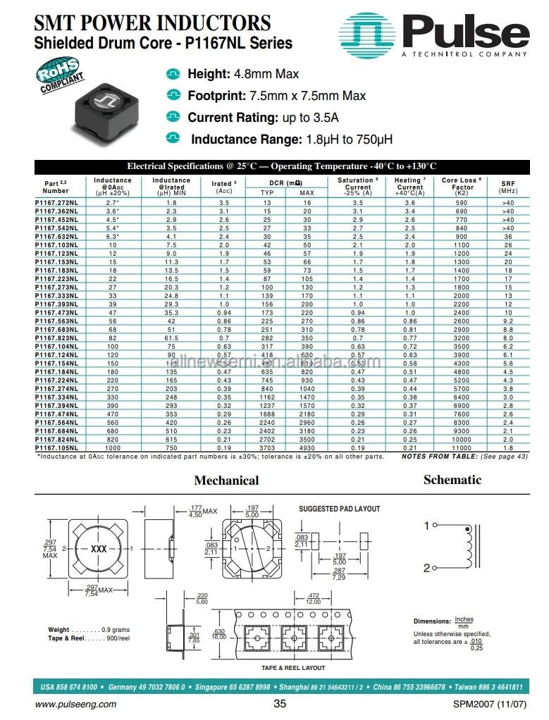 Hot sale Original P1167.103NLT Fixed Inductor FIXED IND 10UH 50 MOHM SMD Shielded Wirewound Inductor 2 A 50mOhm Max Nonstandard