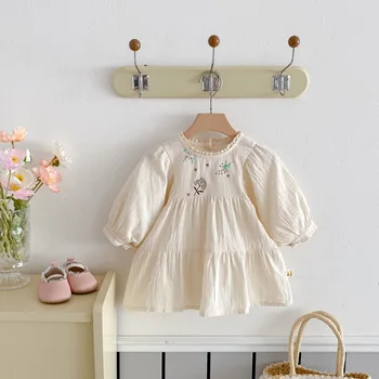 Girls' Baby Skirts 2025 Autumn Crocheted Stylish Korean-Style Princess Dress for Baby Girls Long-Sleeved Trendy Long Dress