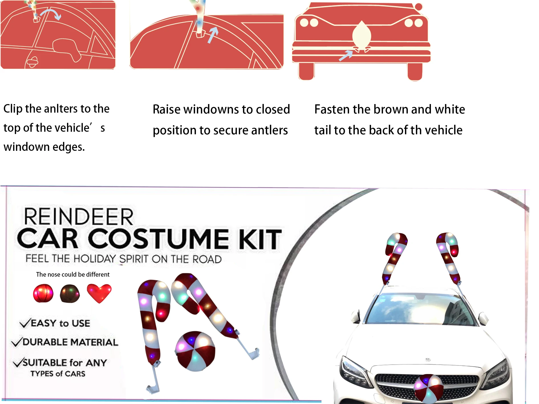 Christmas Reindeer Car Kit Reindeer Anlter And Red Nose Chirsmas Car