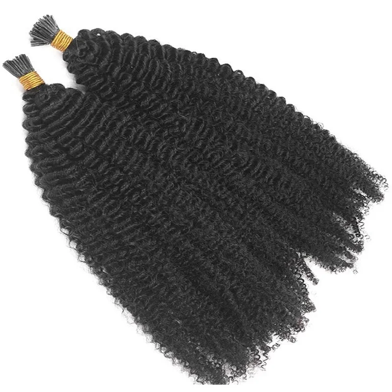 Mongolian Remy I Tip Hair Extensions Afro Kinky Curly Pre Bonded Microlinks Fusion Natural Color_voghion.com