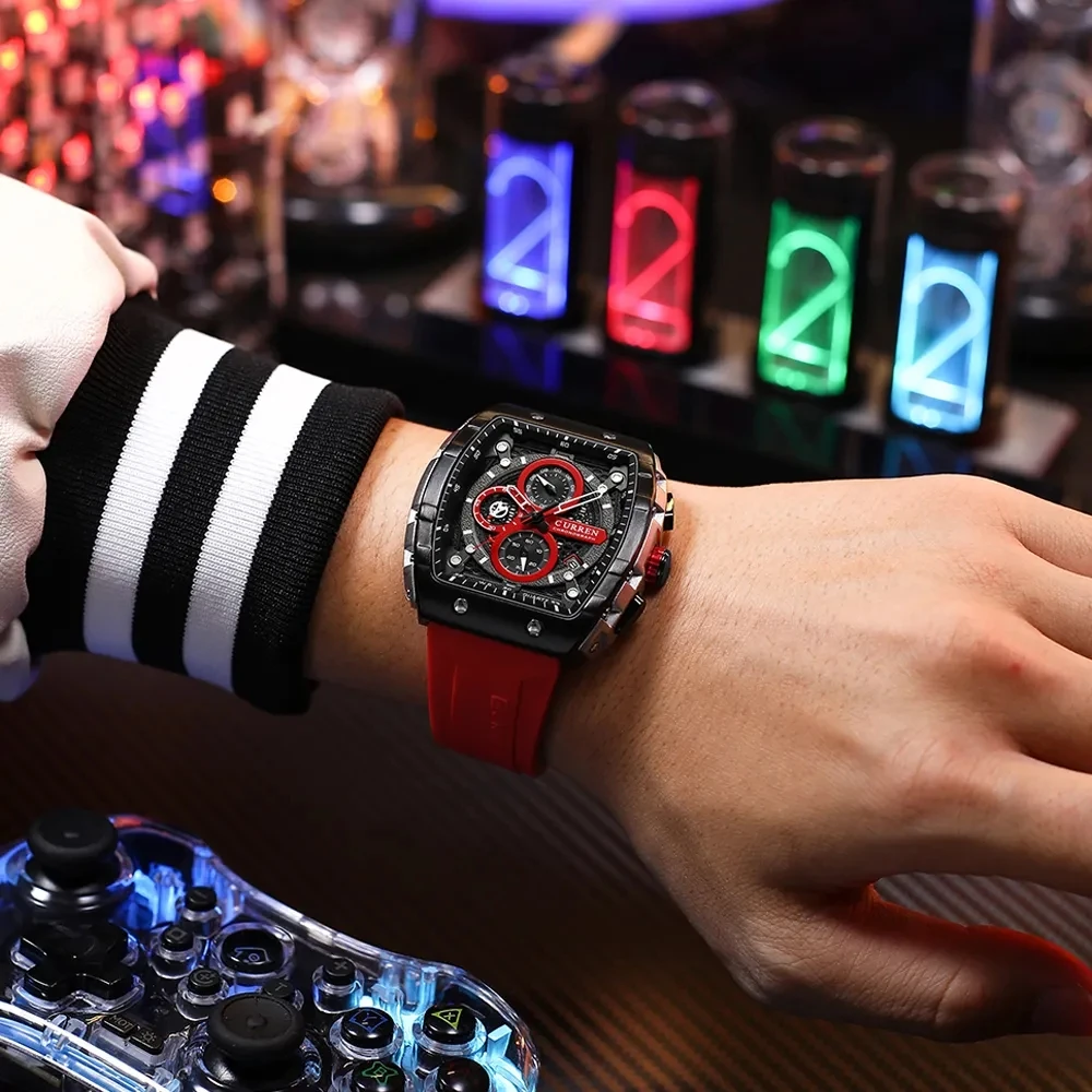 CURREN Nuovi Orologi Da Polso Al Quarzo Dal Design Cavo Rettangolare Crongrafo E Orologi Con Data Automatica Cinturino Sportivo In Silicone - Foto 13