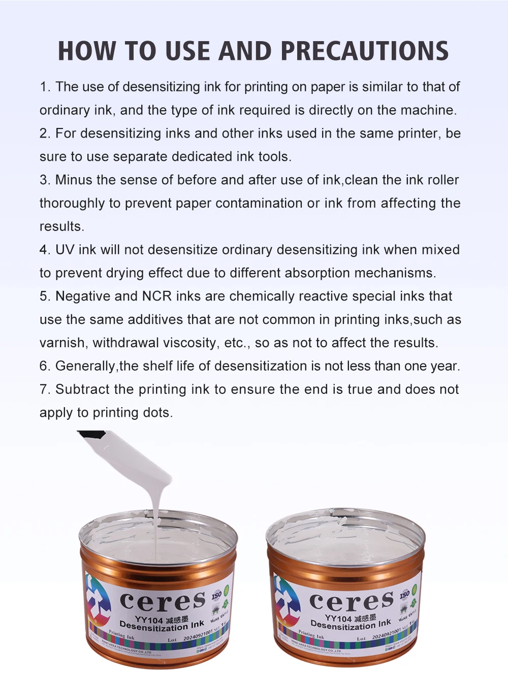 CERES YY-104 Solvent Based Desensitizing Ink for Carbonless Copy Paper in 1kg/tin and 15 tins/carton Packaging