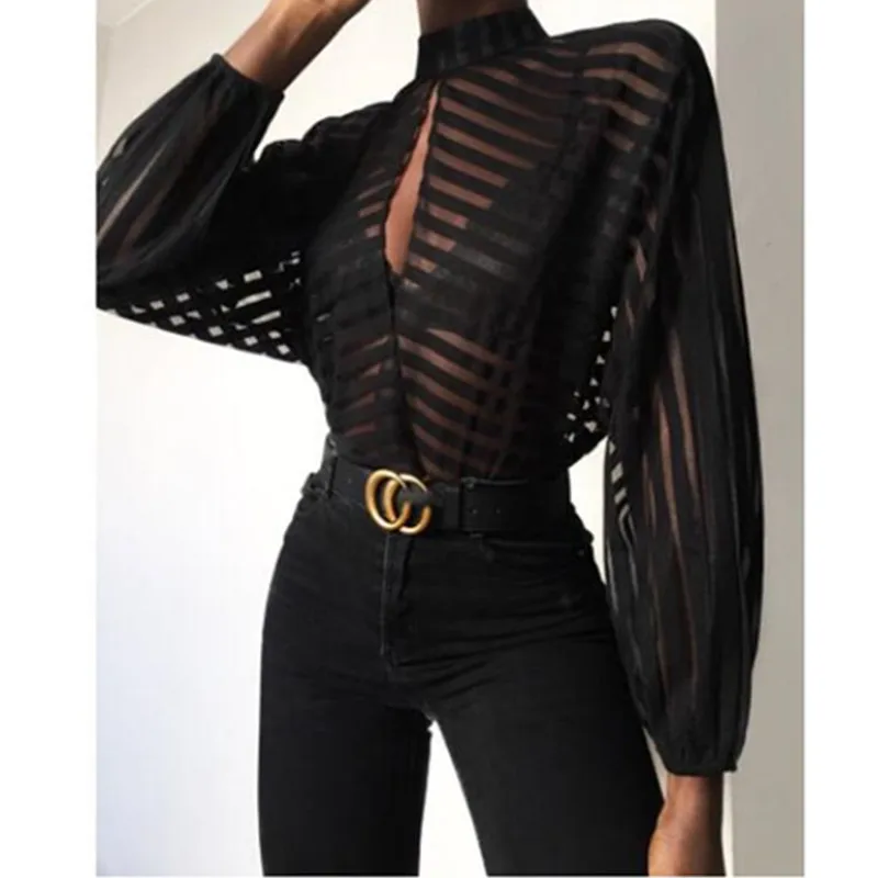 Wholesale Blusa negra elegante de manga larga para mujer, blusa transparente de a rayas, venta al por mayor, From