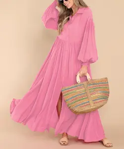 Women's Elegant Solid Chiffon Maxi Casual Long Sleeve Button Shirt Natural Waistline Floor-Length Swing Pleated Washable Summer