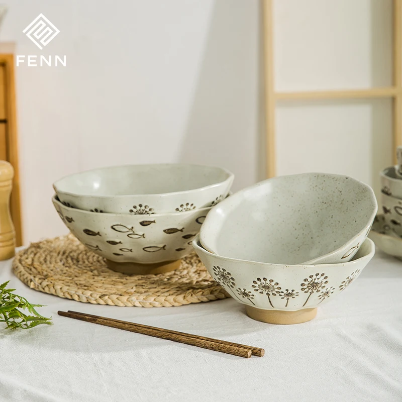 Rustic Style Engraving Fish Flower Pattern 8/9 Inch Ceramic Soup Noodle Ramen Bowl For Restaurant Household