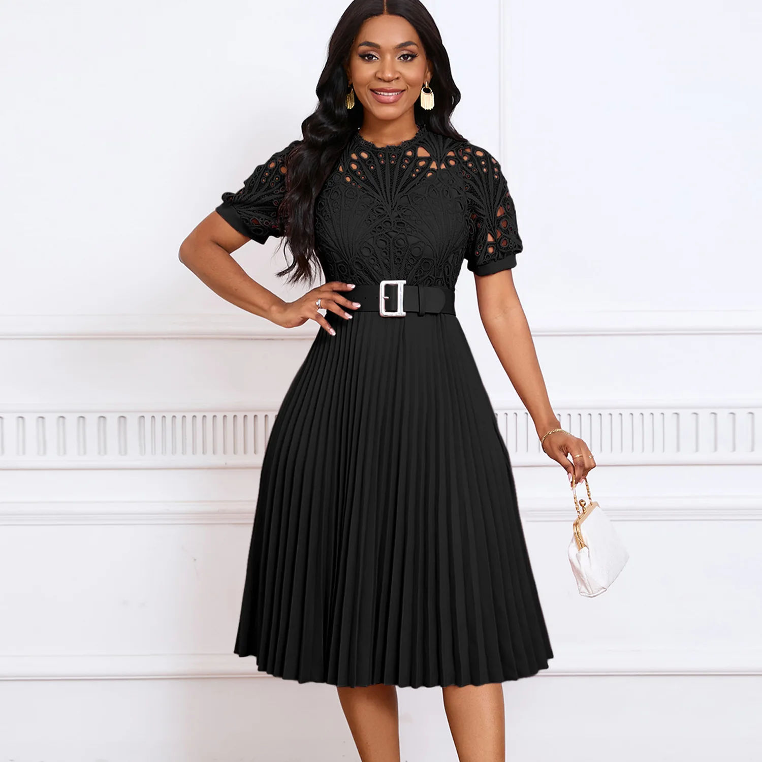 Latest Design Summer Midi Dresses Women Casual Elegant Short Sleeve Lace  Spliced Pleated African Office Dress Washable| Alibaba.com