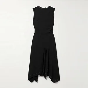 Clothing Manufacturer Custom Spring Summer Crew Neck Sleeveless Asymmetrical Elegant Casual Women Black Dress