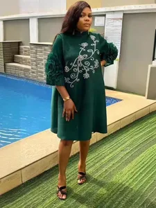 Beaded Printed Pleated Dress with a Stand-up Collar and Petal-shaped Sleeves - Large Size Dress