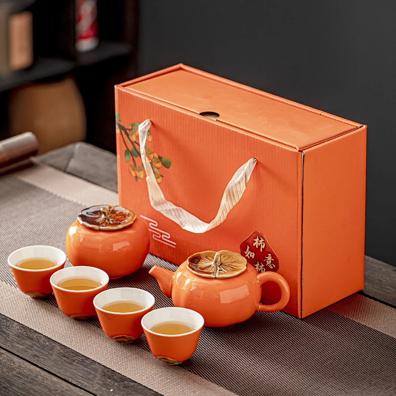 Persimmon Ruyi Tea Set Box Packaging Customized Logo Corrugated Mailing Pit Box Complete Set Pottery Porcelain Gift Drawer Box