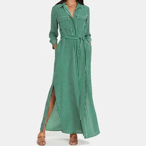 Office Lady v Neck 3/4 Sleeves Self Belt Pleated Split Stripe Print Long Maxi Shirt Dresses Women