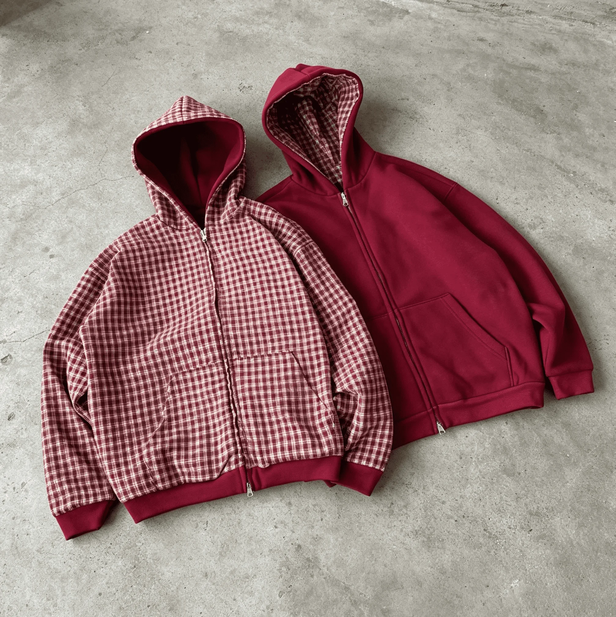 Custom Made Men's Reversible Flannel Checked Dropped-Shoulder Oversized Double-Zip Hoodie Y2K Streetwear gallery 7