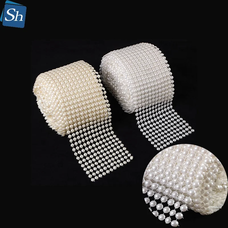 4.5" X 10 Yards 12 Rows  Plastic Pearl Diamond Mesh Wrap Roll Sparkle Rhinestone Ribbon for Wedding Party