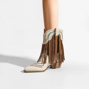 Western Cowgirl Fringe Boots with Embroidery Turquoise  Pointed Toe Mid Heel Cowboy Boots for Women