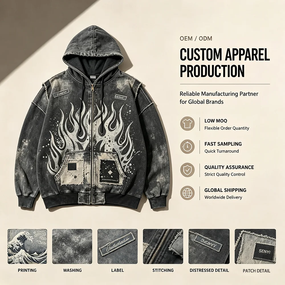 Wholesale Custom Printed Washed Fabric Fringed Zip Hooded Jacket for Men