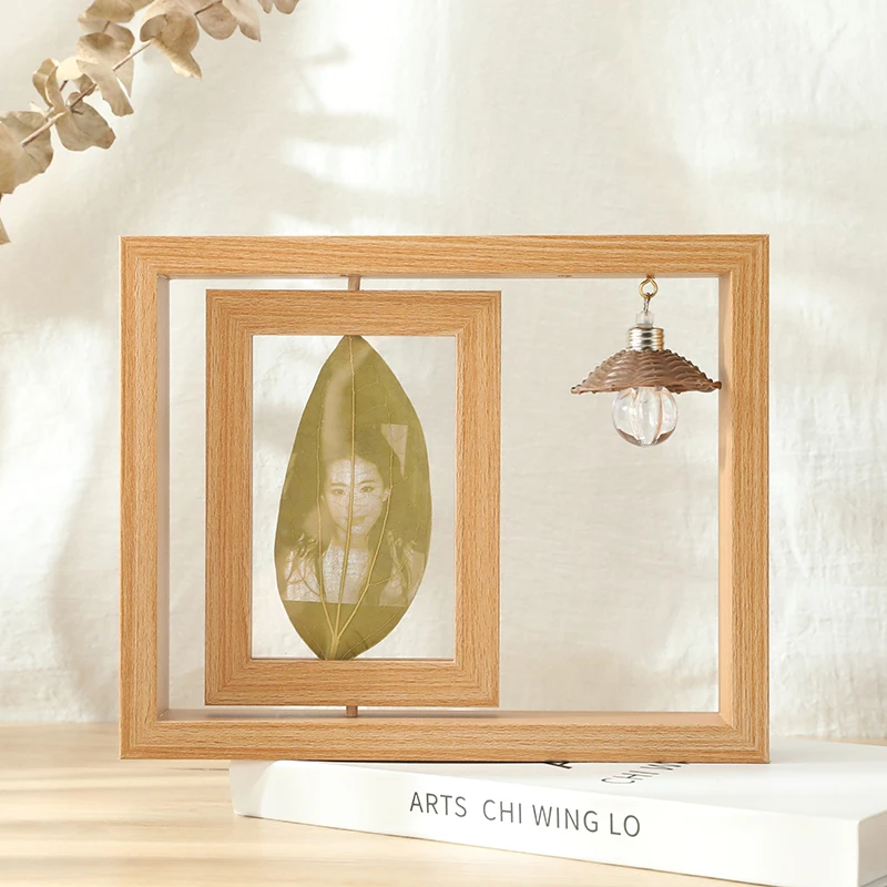 Rotating Photo Frame 4x6 Double-Sided Picture Frame Display Lovers Memorial Leaf Caving Collection Wooden Couples Photo Frames