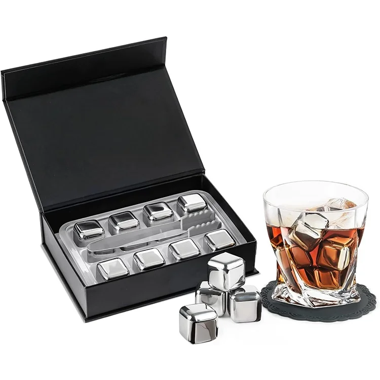 Wholesale Cube Shape Reusable Stainless Steel Whiskey Stones Ice Cubes Chilling Stones with Tongs and Storage Box with Custom Logo