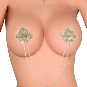 Wholesale Luxury Style Reusable Sexy Underwear Accessories Square Golden Beaded Metal Nipple Covers Chains Tassel Women