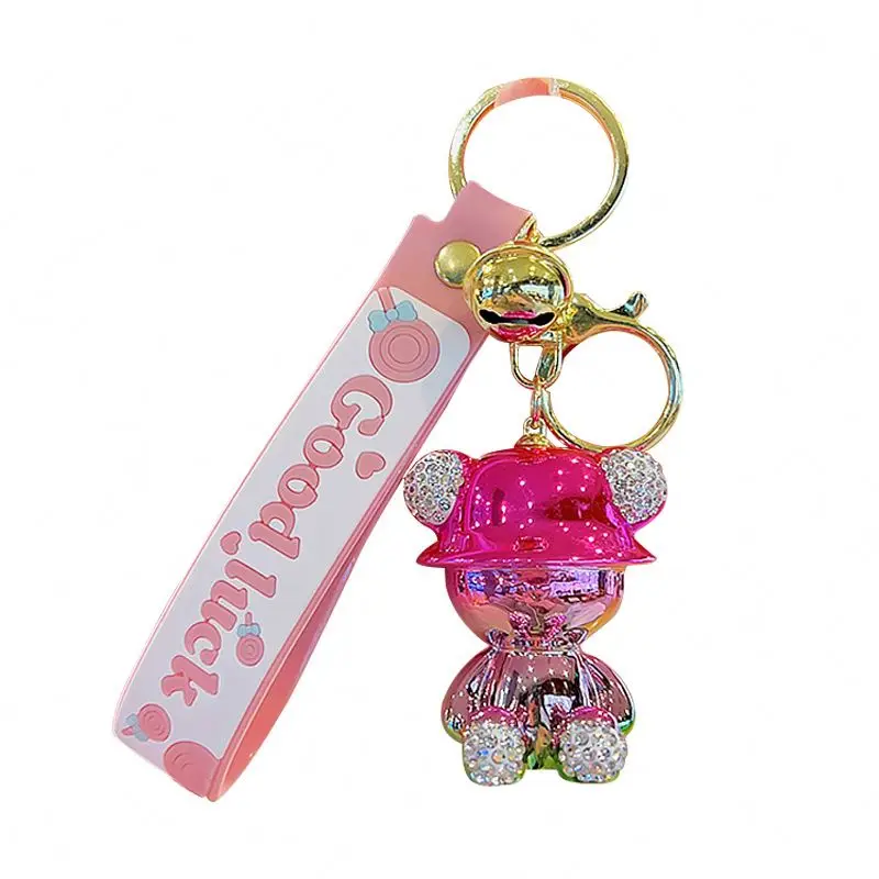 Custom Wholesale Electroplated Bear Keychain 3D Rubber Bear Doll Keyring with Leather Rope Pendant for Girl Gift