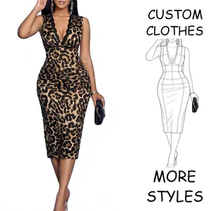 Custom Women's Slim Fit Leopard Print Bodycon Dresses Women Casual V-Neck Lace Trim Back Slit Sleeveless Daily Empire Waist Midi