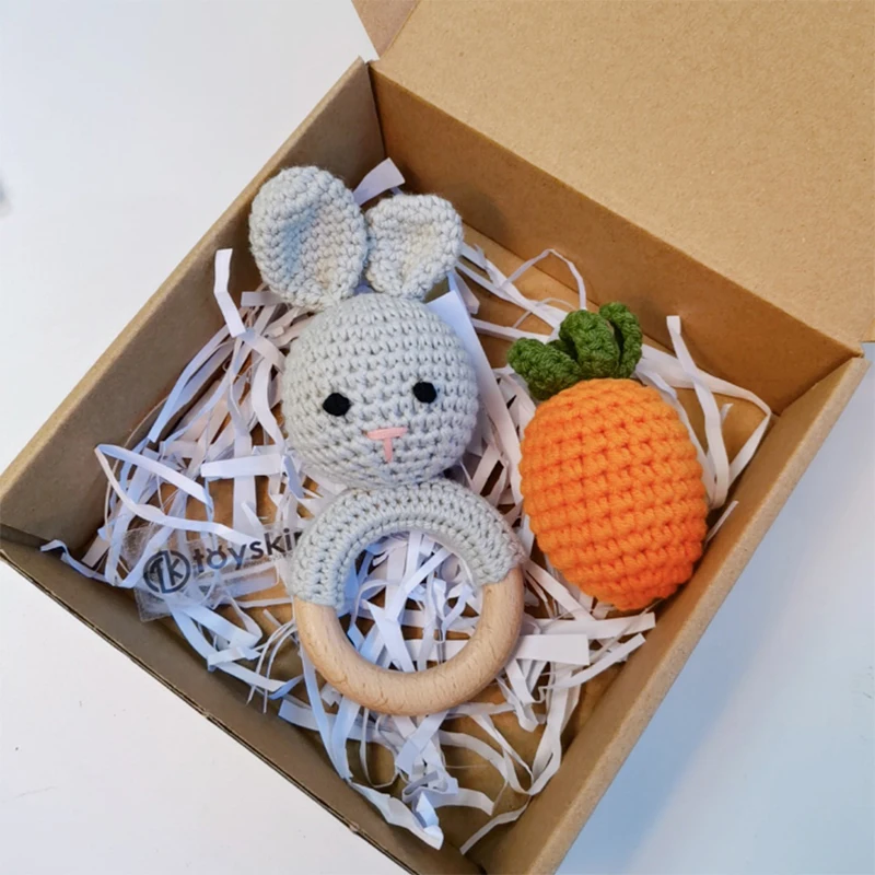 Деревянная детская забавная погремушка вязаный крючком кольцо с зайчиком детские игрушки-погремушки, серый кролик