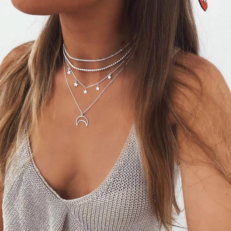 Bohemian Layered Chain Necklace Silver 