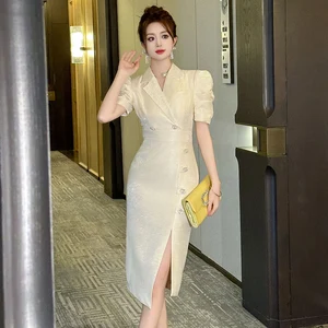 ZYHT 50758 Ladies Summer Elegant Satin Plus Size Lapel Neck Blazer Dress Career Business Suits Office Formal Dress for Women