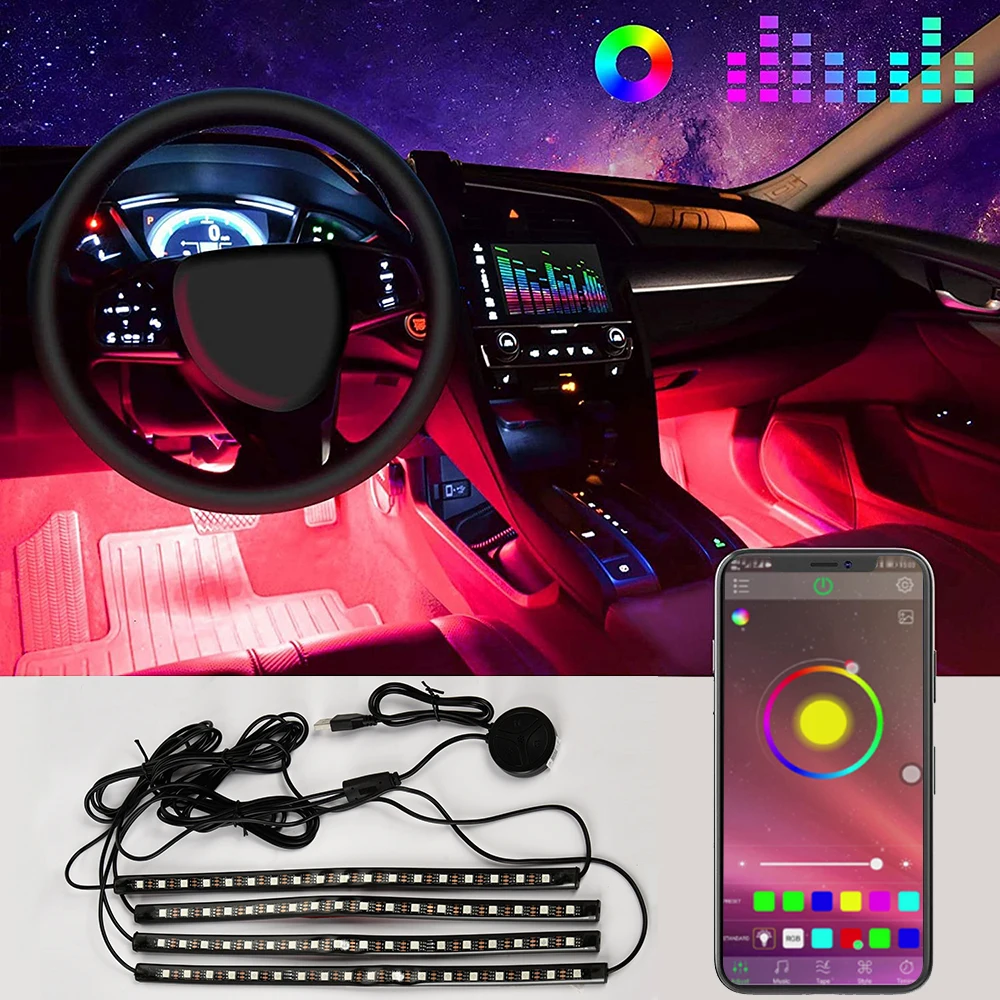 Разноцветная RGB Светодиодная лента с USB-зарядкой для украшения интерьера автомобиля, освещение с управлением через приложение и пультом дистанционного управления