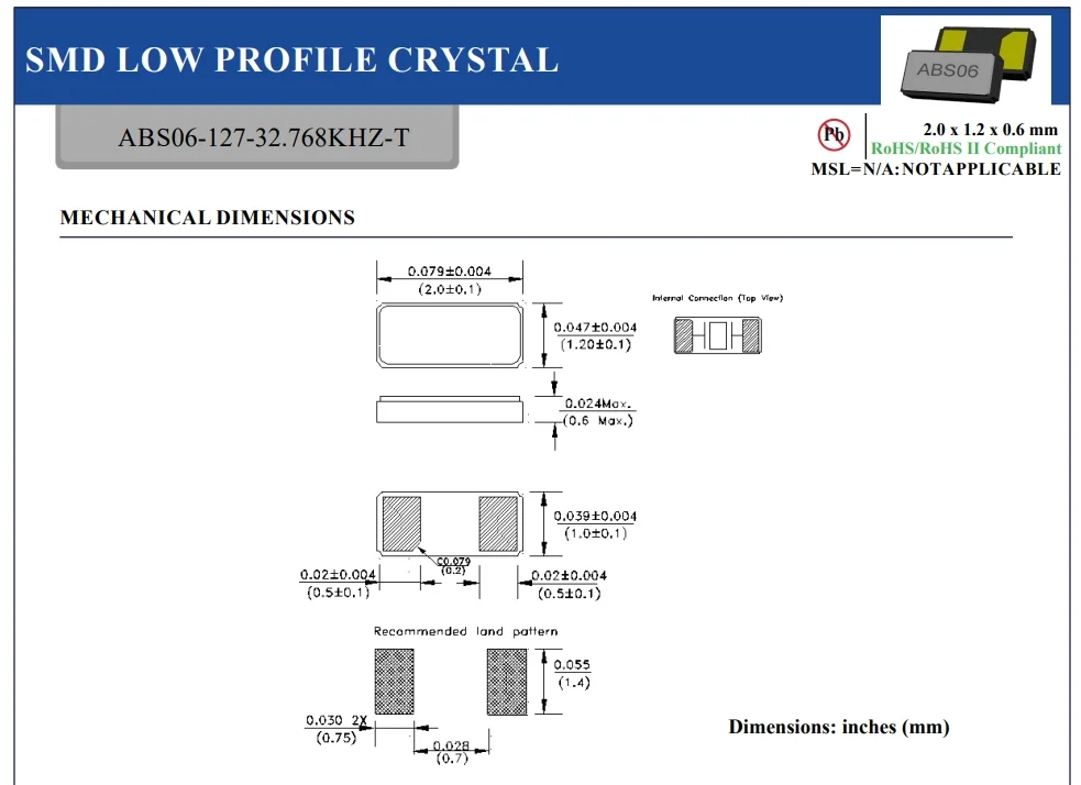 Hot sale original ABS06-127-32.768KHZ-T CRYSTAL 32.7680KHZ 12.5PF SMD 32.768 kHz 20ppm Crystal 12.5pF 90 kOhms 2-SMD