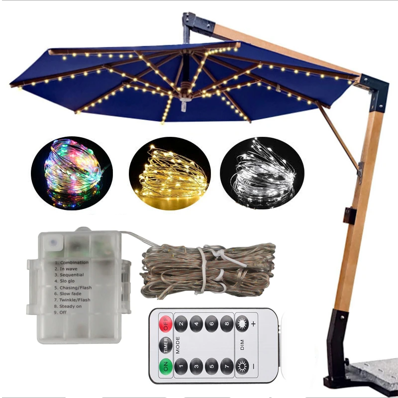 light kits for patio umbrellas Powfloven LED Umbrella Lights with Remote, Black Portable Rechargeable Battery Cantilever Umbrella with 3 Brightness, 12 Color Mode Dimmable Patio Umbrellas, Camping Tents, Outdoor Use eliminating the need for an outdoor outlet Solar Umbrella Light 104