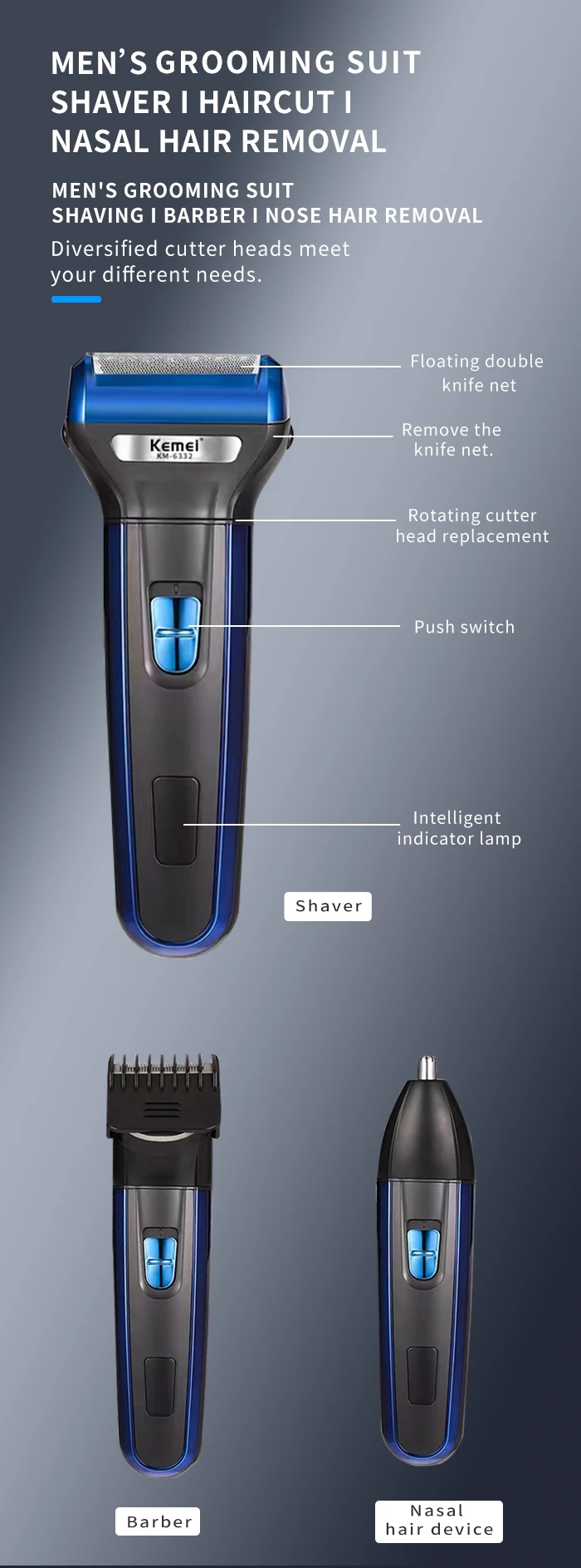 Net Pilot Light Nose Hair Device Barber Scissors Razor Kemei km-6332 3-In-1 Head Razor Floating Double Blade Shaver