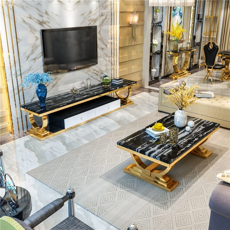 Журнальный столик для гостиной с золотистой рамой из нержавеющей стали мраморный стол Диванный и ТВ-подставка набор