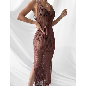 Women Hollow Out One-piece Swim Suit Crochet Solid Mesh Backless Cover up Beachwear 100% Polyester Removable Padded