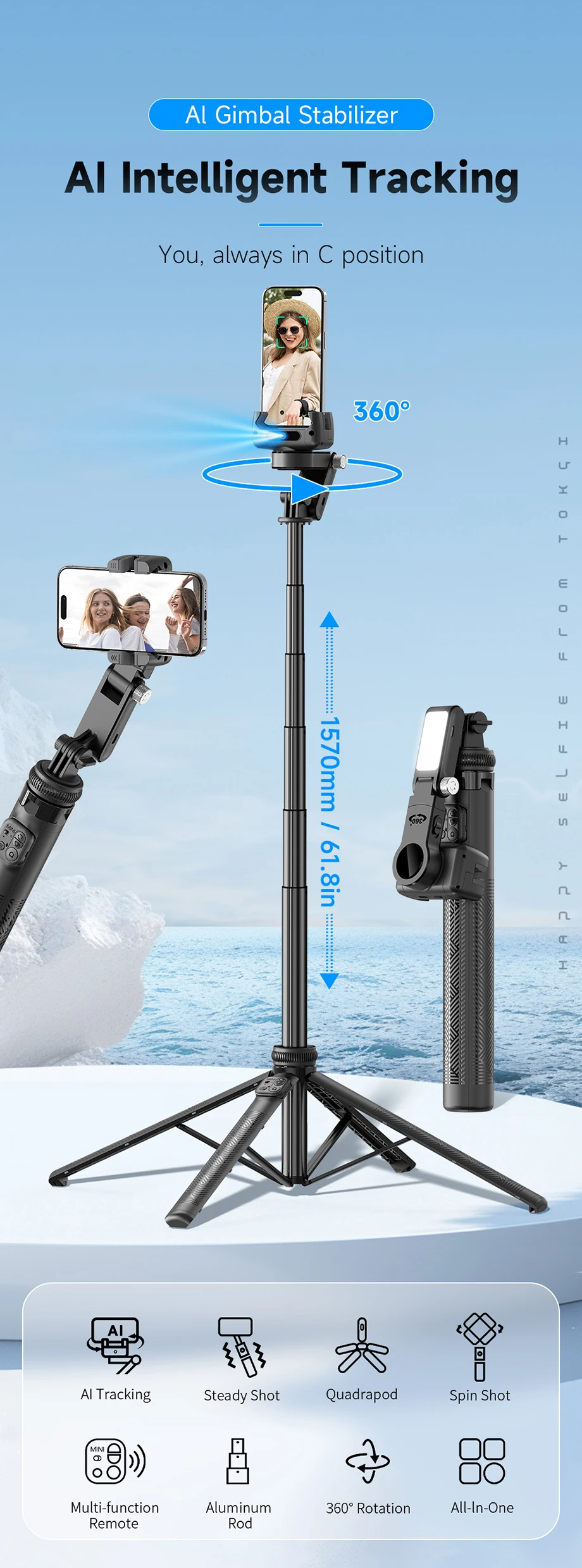 C16R 3 in 1 AI Face Tracking 360 Rotating Single Axis Gimbal Stabilizer Quadrupod Selfie Stick 7 AI Face Tracking | Generic C16R 3 in 1 | AI Face Tracking,Selfie Stick |
