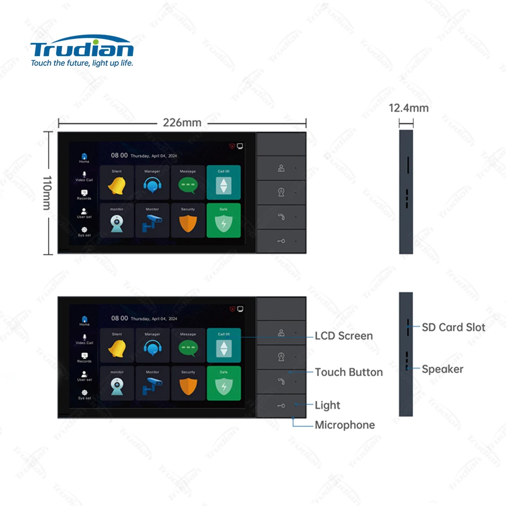 Trudian 7 Inch Touch Screen Video Interphone Indoor Monitor Remote Unlocking TCP/IP Video Intercom System for Multiple Apartment