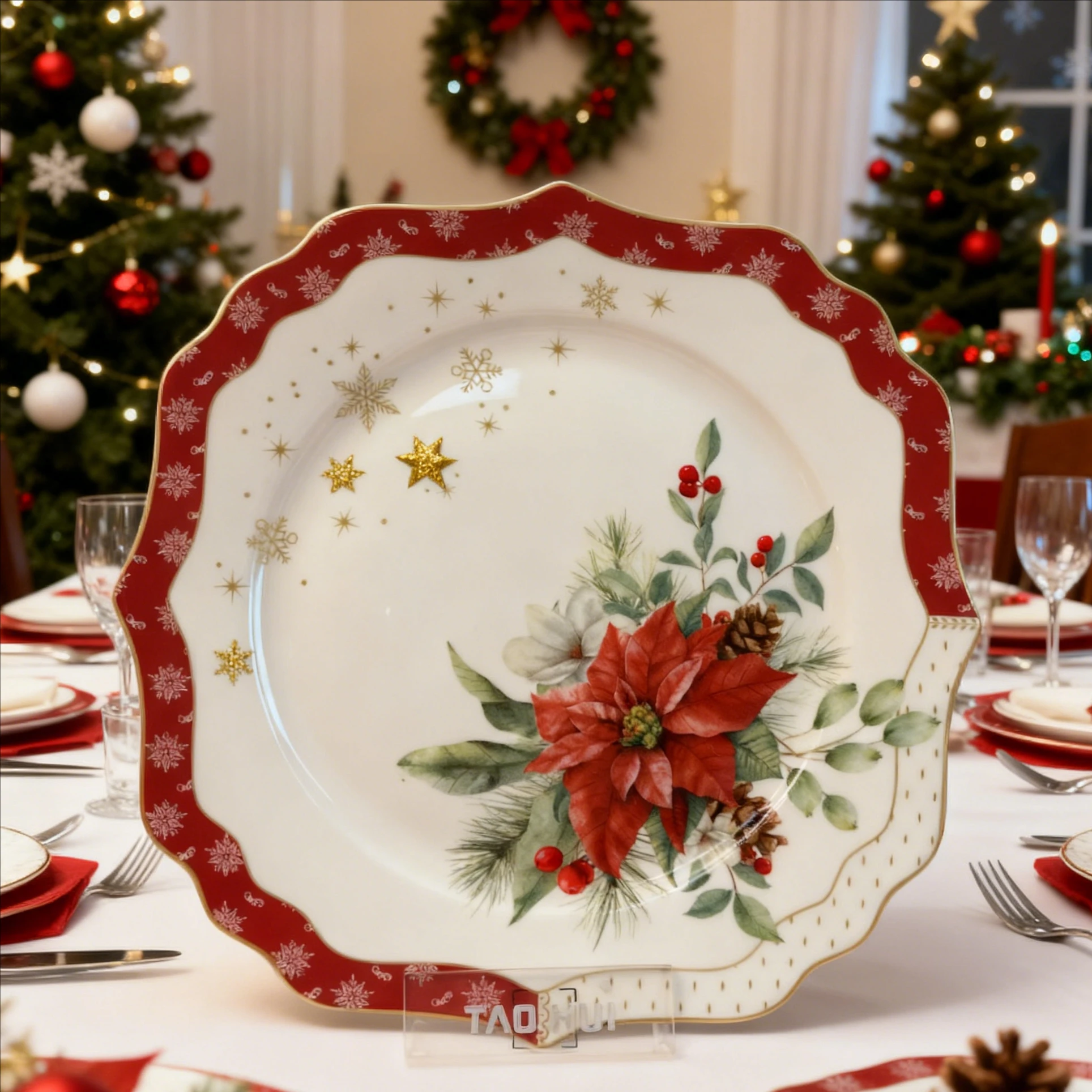 Εορταστικό Σετ Τραπεζικής Επίστρωσης για Χριστούγεννα - Πιάτα και Φλιτζάνια Πορσελάνης με Μοτίβα Ποινσέτιας, Κάλτσας & Καμπανάκι (Σχέδιο Κόκκινου & Χρυσού Νιφάδας Χιονιού)