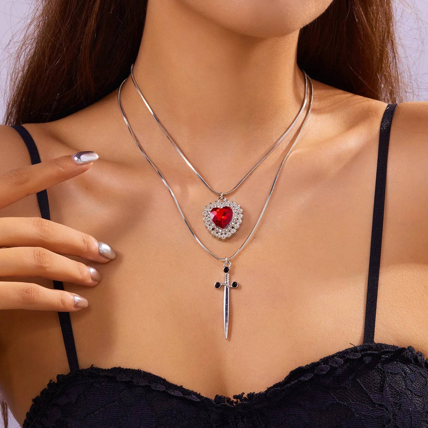 Fashion 2pcs Gold Dagger Heart Pendant Couple Necklaces Jewelry